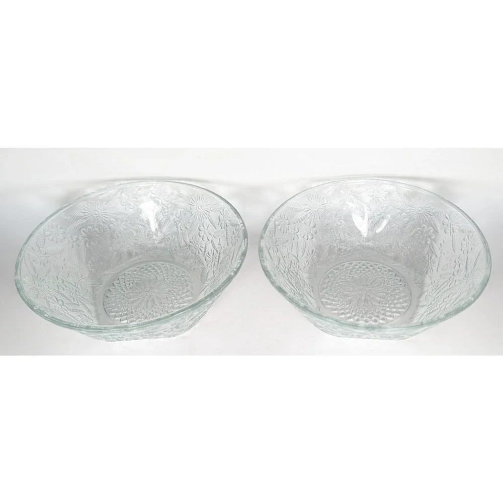 Indiana Glass Pineapple & Floral Clear Salad Bowls Set of 2 Vintage 5 Sided Bowl